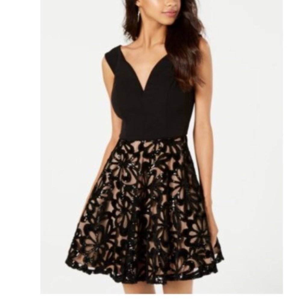 City Studios Juniors Sequin Skirt Fit Black Dress